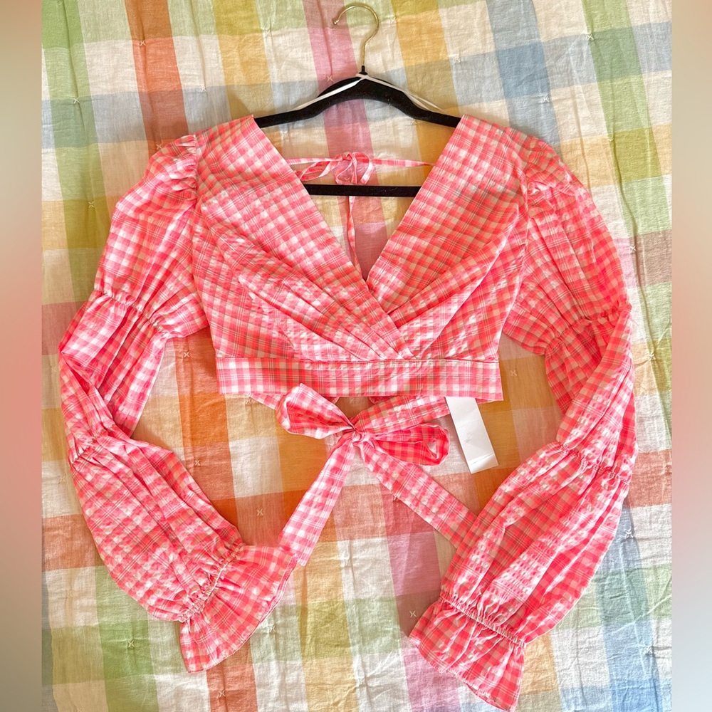 Topshop Pink Plaid Tie-Front Long Sleeve Crop Top